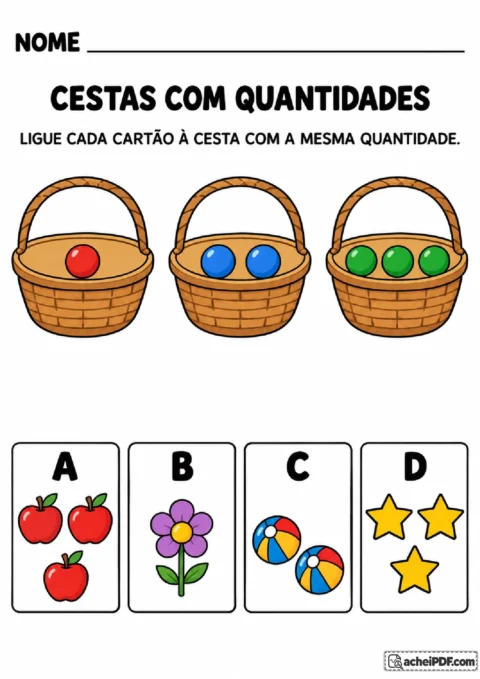 Cestas com uma, duas e três bolinhas para associar cartões de figuras com a mesma quantidade
