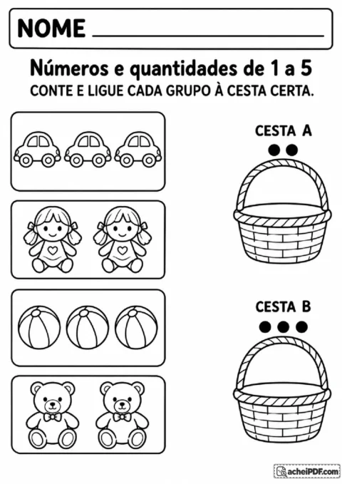 Cartões de carrinhos, bonecas, bolas e ursinhos para ligar às cestas identificadas por duas ou três bolinhas