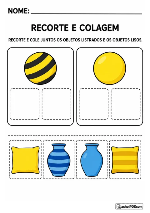 Vasos azuis e almofadas amarelas, lisos e listrados, para recortar e agrupar pela presença de listras