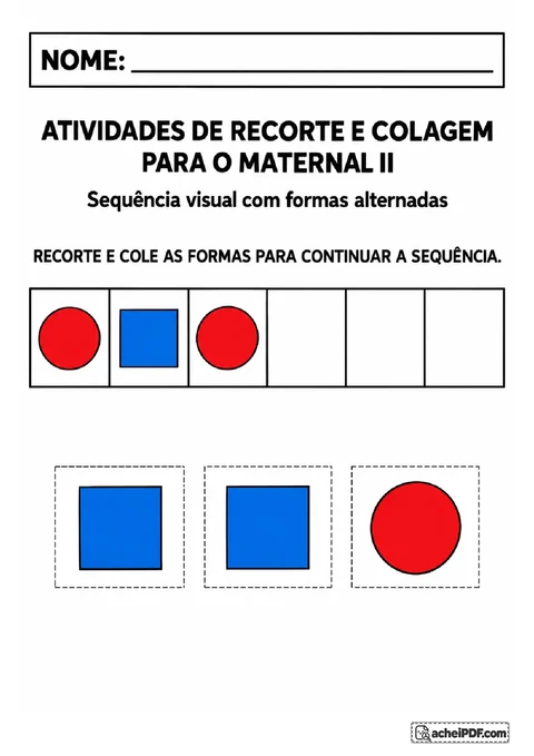Sequência de círculos vermelhos e quadrados azuis com cartões recortáveis para completar três espaços