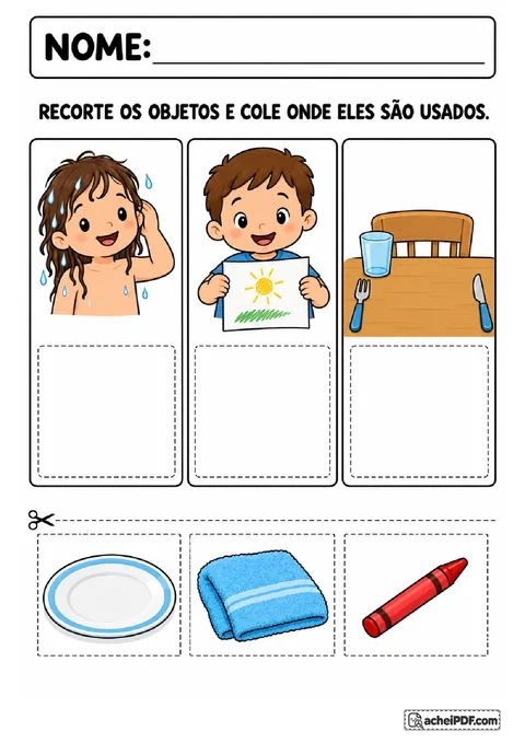 Cartões de prato, toalha e giz de cera para colar nas cenas de refeição, banho e desenho