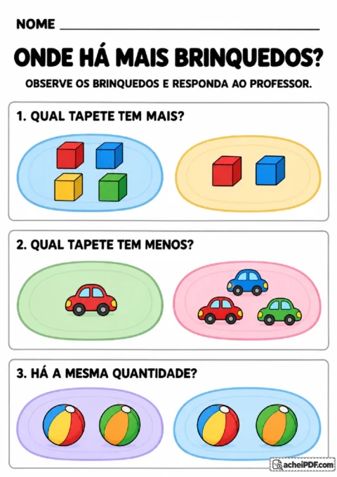 Tapetes com cubos, carrinhos e bolas para comparar grupos com mais, menos e igual quantidade