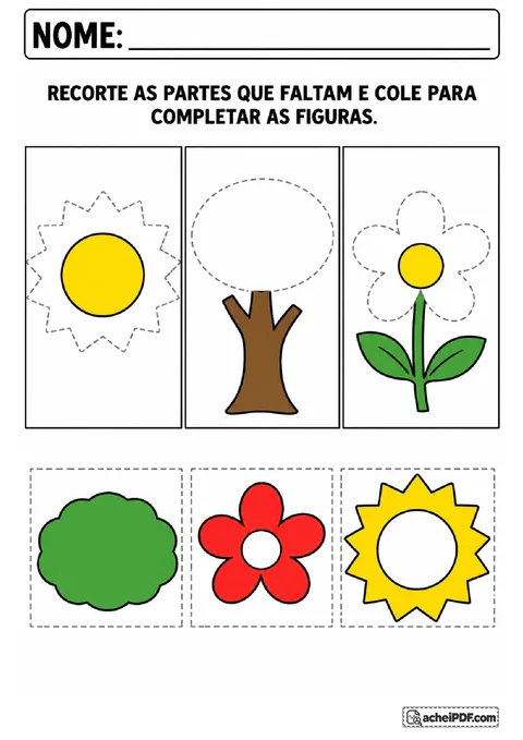 Figuras de sol, árvore e flor com cartões de raios, copa e pétalas para completar por recorte e colagem