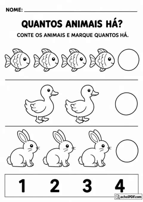 Grupos de peixes, patos e coelhos com círculos vazios para registrar a quantidade de animais