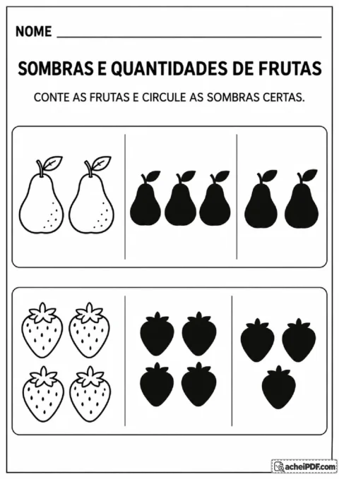 Duas peras e quatro morangos com alternativas de sombras para circular os conjuntos de mesma quantidade