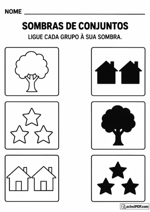 Árvore, estrelas e casas para ligar cada conjunto à sombra correspondente em quadros
