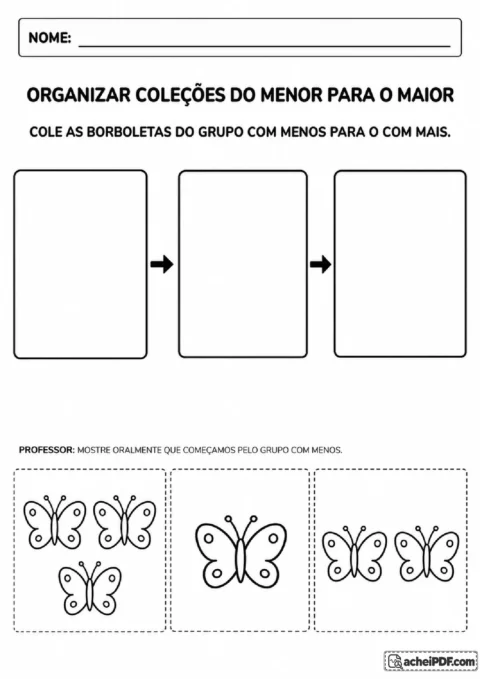 Cartões recortáveis com uma, duas e três borboletas para ordenar as coleções da menor para a maior