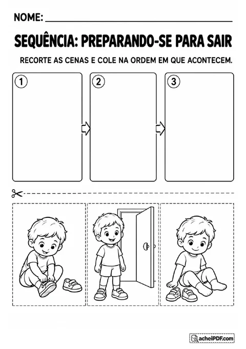 Três cenas de criança com sapatos no chão, calçando um sapato e pronta para sair, para ordenar por colagem