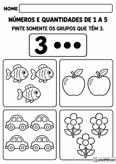 Conjuntos de peixes, maçãs, carrinhos e flores para contar e pintar somente os grupos com três elementos