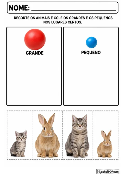 Gatos e coelhos grandes e pequenos em cartões para recortar e classificar conforme o tamanho