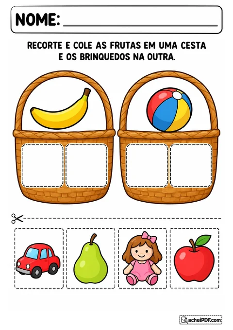 Cestas identificadas por banana e bola com cartões de carrinho, pera, boneca e maçã para colagem