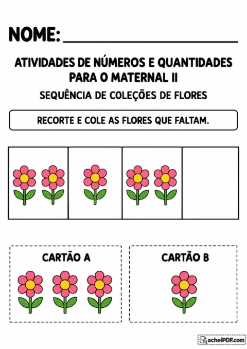Trilha de flores alternadas com espaço vazio e cartões recortáveis para completar por colagem