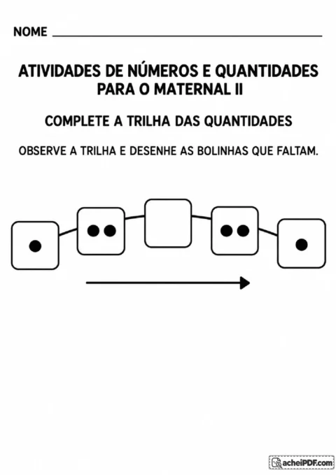 Trilha de bolinhas com quantidades que aumentam e diminuem e um quadro vazio para desenhar