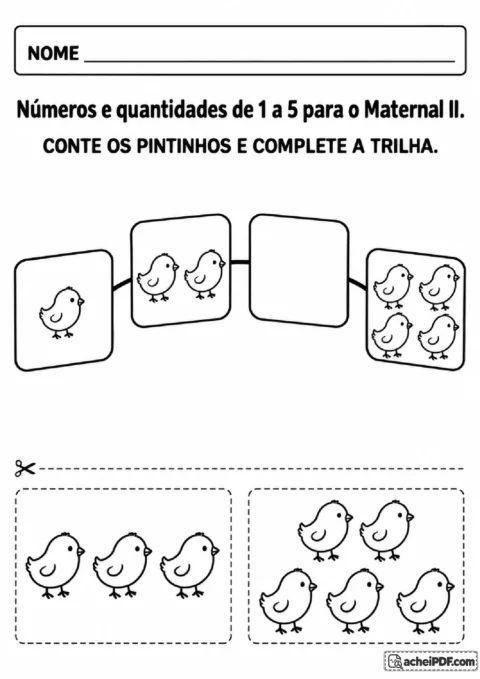 Trilha de pintinhos com quantidades crescentes e peças recortáveis para completar o grupo que falta