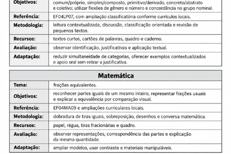 Matriz de planejamento docente do 4º ano com objetivos de Língua Portuguesa e Matemática