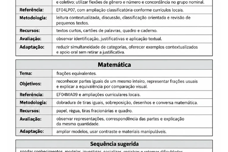 Planejamento de Substantivos e Frações para o 4º ano