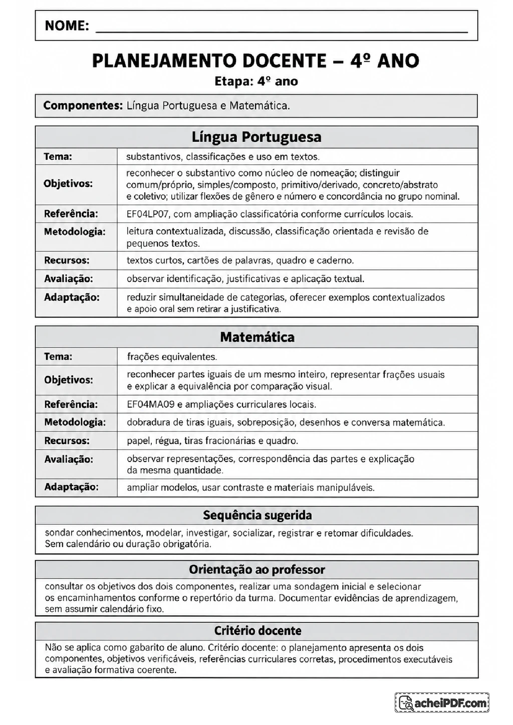 Planejamento de Substantivos e Frações para o 4º ano