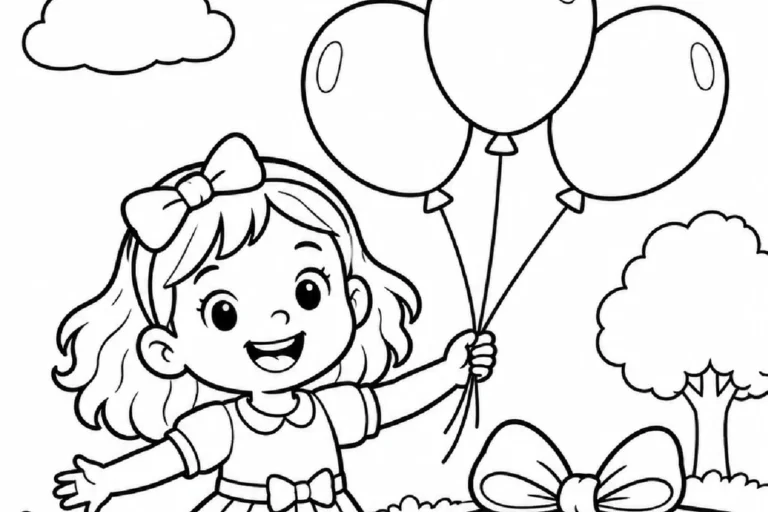 Menina com três balões e presente em atividade de pintura seletiva para o Dia das Crianças no Pré I