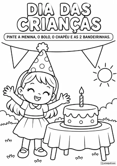 Menina com bolo, chapéu de festa e bandeirinhas em atividade de colorir para o Dia das Crianças
