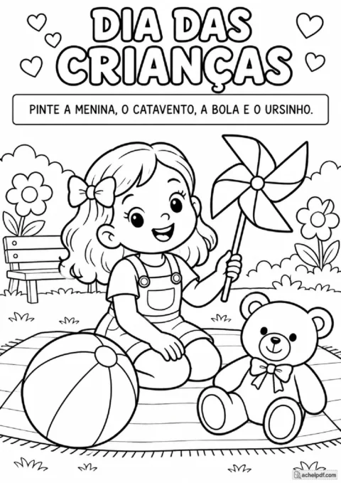 Menina com catavento, bola e ursinho em cena para colorir no Dia das Crianças para o Pré I