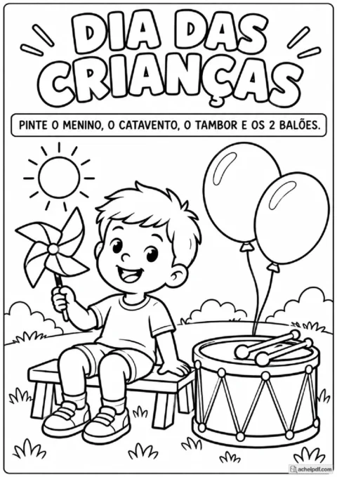 Menino com catavento, tambor e dois balões em atividade de colorir do Dia das Crianças