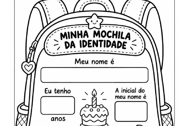 Atividade de mochila da identidade para imprimir e trabalhar autoconhecimento para o Pré I, folha 01 de 11, com ilustrações e espaço para respostas.