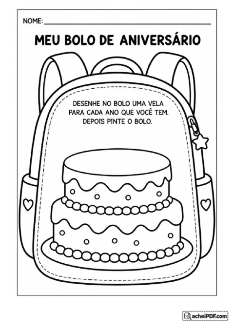 Atividade de mochila da identidade para imprimir e trabalhar autoconhecimento para o Pré I, folha 03 de 11, com ilustrações e espaço para respostas.