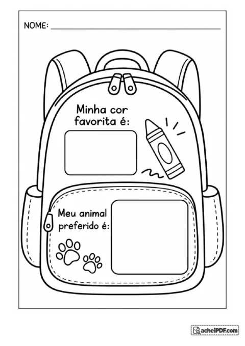 Atividade de mochila da identidade para imprimir e trabalhar autoconhecimento para o Pré I, folha 04 de 11, com ilustrações e espaço para respostas.