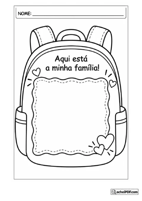 Atividade de mochila da identidade para imprimir e trabalhar autoconhecimento para o Pré I, folha 07 de 11, com ilustrações e espaço para respostas.