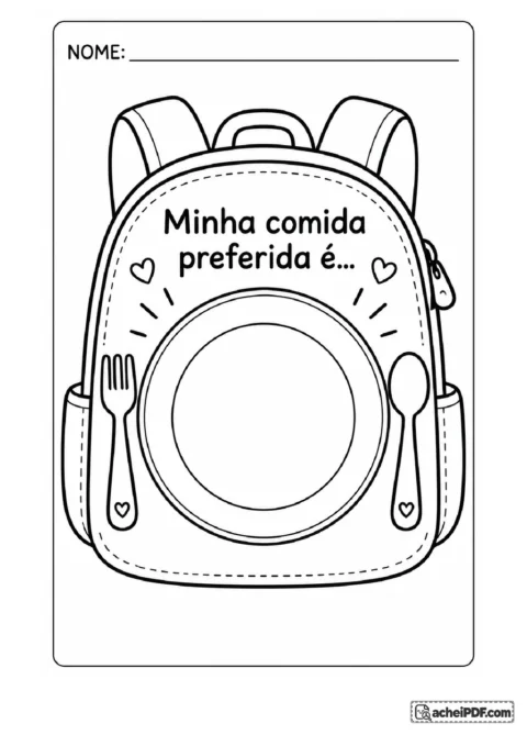 Atividade de mochila da identidade para imprimir e trabalhar autoconhecimento para o Pré I, folha 08 de 11, com ilustrações e espaço para respostas.