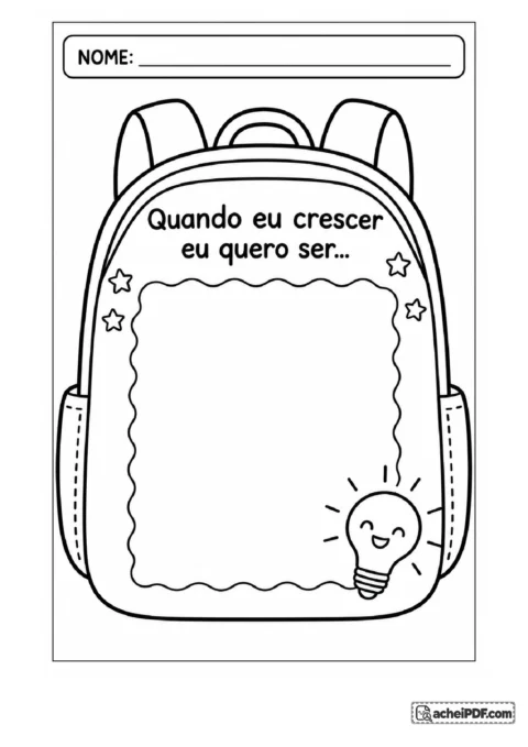 Atividade de mochila da identidade para imprimir e trabalhar autoconhecimento para o Pré I, folha 09 de 11, com ilustrações e espaço para respostas.