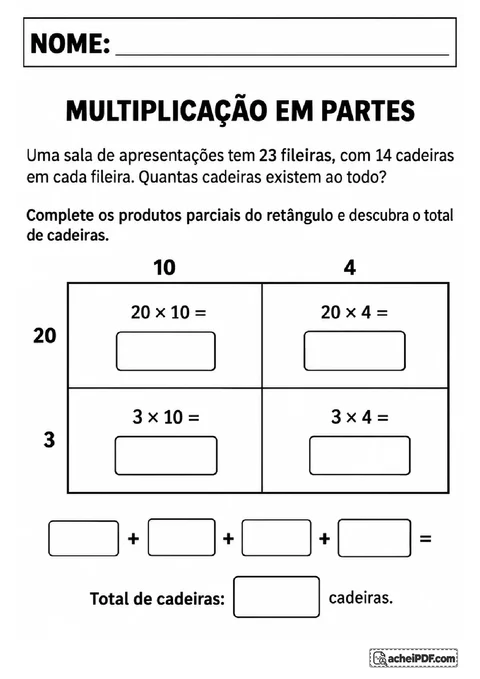 Modelo retangular de 23 por 14 com quatro regiões para preencher produtos parciais