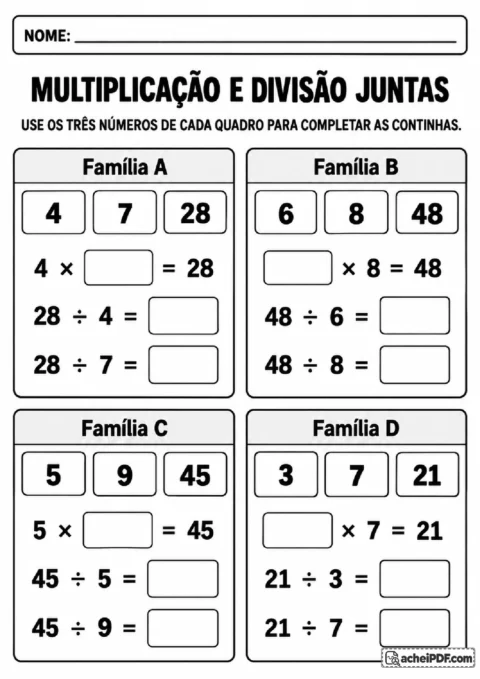Quadros com três números para completar multiplicações e divisões como operações inversas