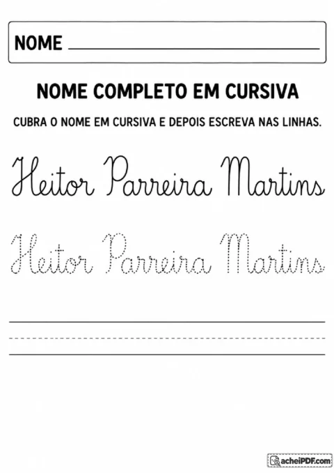 Caligrafia cursiva do nome completo Heitor Parreira Martins com pontilhado e pauta larga para cópia.