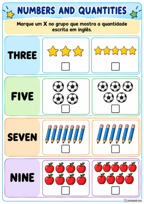 Atividade de números em inglês para marcar o grupo com a quantidade correspondente