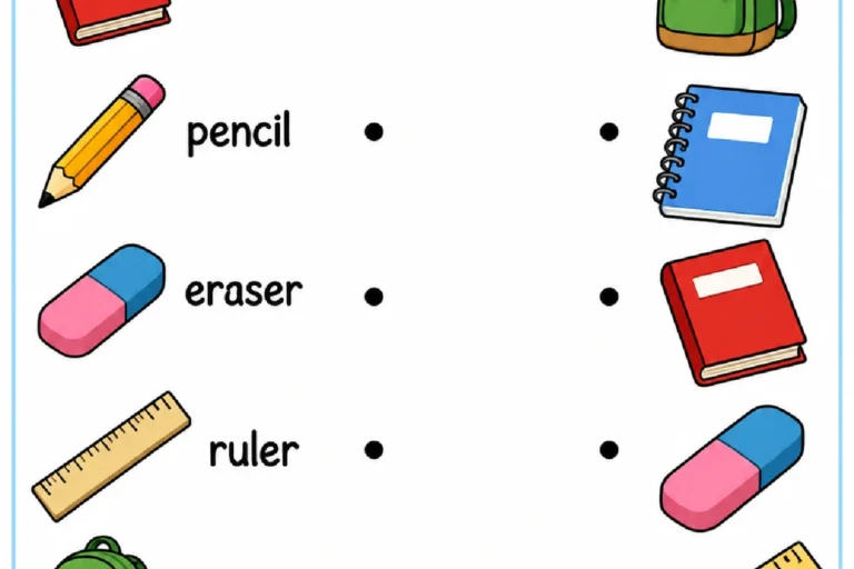Atividade de Inglês com objetos escolares para ligar palavras às figuras correspondentes