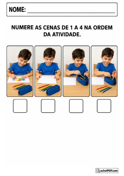 Quatro cenas de uma atividade de pintura para numerar a ordem de preparação, execução e organização.