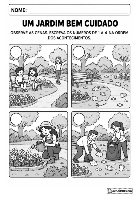Quatro cenas de jardim com lixo, recolhimento de resíduos e cuidados com plantas para ordenar acontecimentos