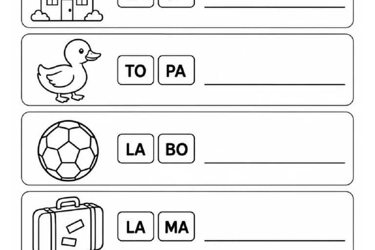 Sílabas embaralhadas com figuras de casa, pato, bola, mala e bolo para organizar e escrever os nomes.