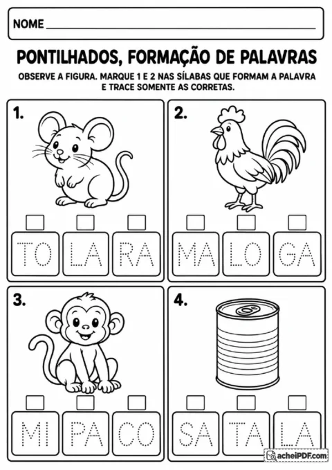 Cartões silábicos pontilhados para escolher, ordenar e formar palavras como rato, galo, mico e lata.