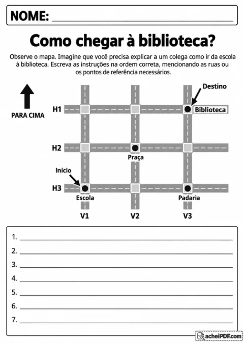Mapa de ruas com escola, praça, padaria e biblioteca para escrever orientações de percurso.