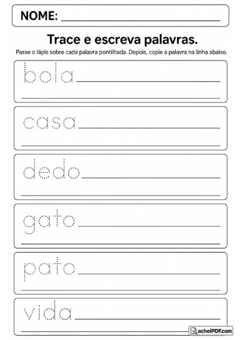 Palavras bola, casa, dedo, gato, pato e vida em letra de imprensa pontilhada para traçar e copiar nas linhas.