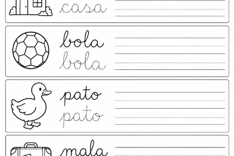 Palavras simples em letra cursiva para cobrir no pontilhado e depois copiar em pauta.