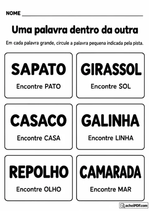 Atividade para circular palavras pequenas escondidas dentro de sapato, girassol, casaco e outras palavras.