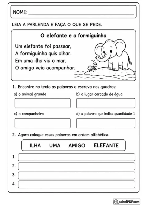 Parlenda do elefante e da formiguinha com identificação de palavras iniciadas por vogais e ordem alfabética.