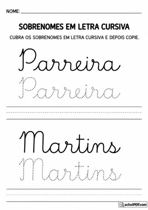 Sobrenomes Parreira e Martins em letra cursiva, com traçado pontilhado e linhas para reprodução.