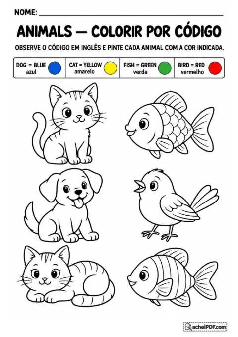 Desenhos de gato, peixe, cachorro e pássaro para colorir conforme código em inglês