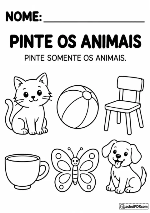 Desenhos de gato, bola, cadeira, copo, borboleta e cachorro para pintar somente os animais