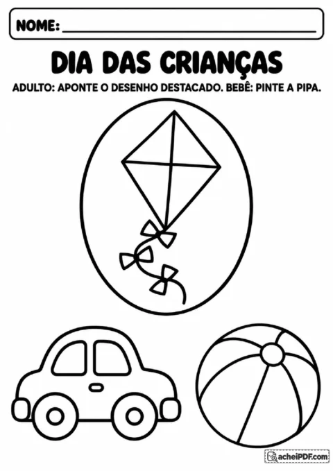 Pipa destacada por um halo para pintar, ao lado de carrinho e bola em desenho do Dia das Crianças.