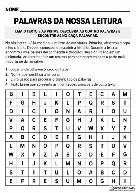Caça-palavras com pistas para encontrar biblioteca, título, dicionário e resumo